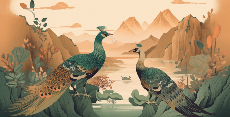 新中式孔雀山水画插画背景,插画/手绘图,插画/手绘图库,插画/手绘图下载,插画/手绘